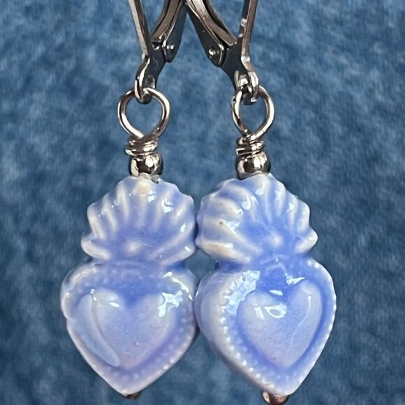 Blue Sacred Heart Ceramic Dangle Earrings, Milagro, Ex-Voto, Small Earrings - Picture 2 of 6